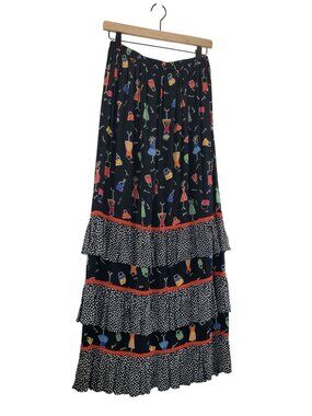 FL Malik Tiered Ruffel Maxi Skirt S Black Multi Color Novelty Print Peasant Boho